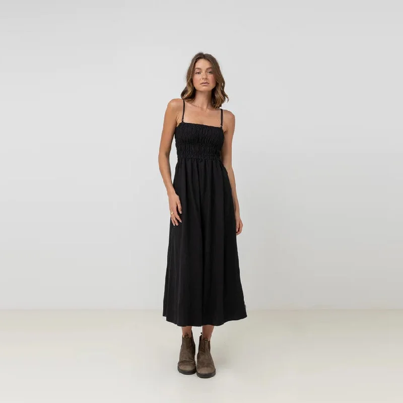 Classic Shirred Midi Dress (Black)