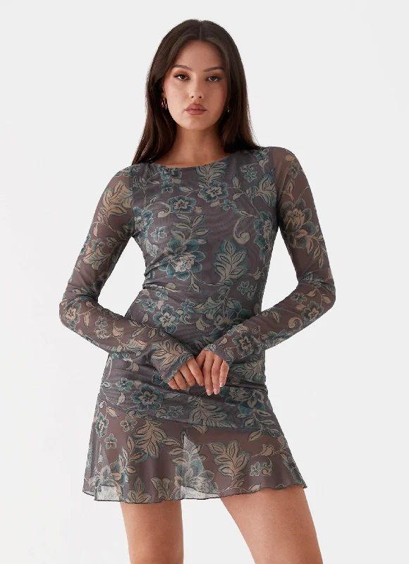 Ines Long Sleeve Mini Dress - Brown Floral