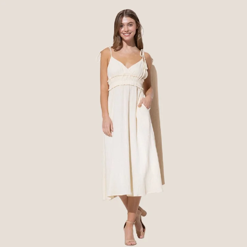 Midi Dress with V Neck and Spaghetti Straps (Cream)