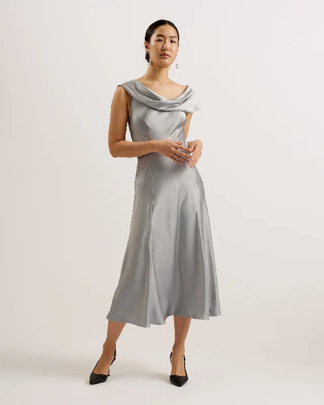 Sirinna Draped Neck Bias Cut Midi Dress Lt-Grey