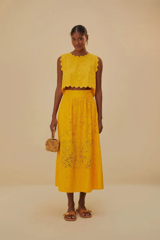 Yellow Monstera Eyelet Maxi Skirt