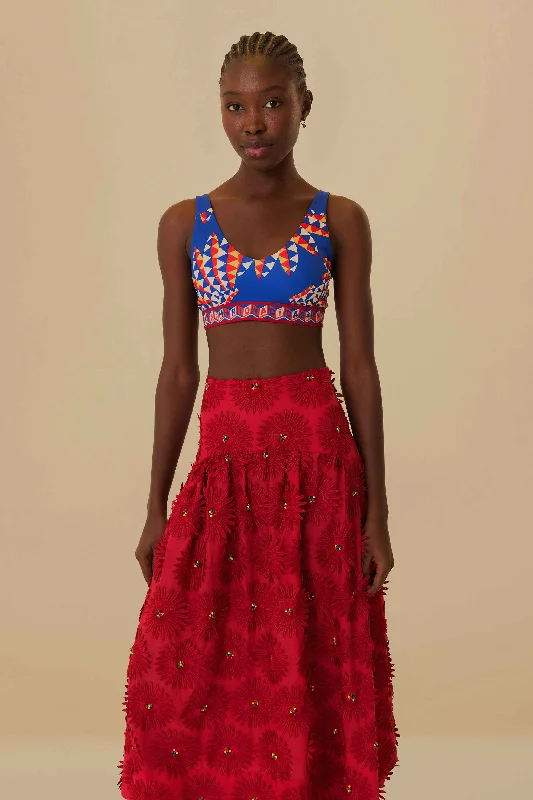 Red Daisy Flower Midi Skirt