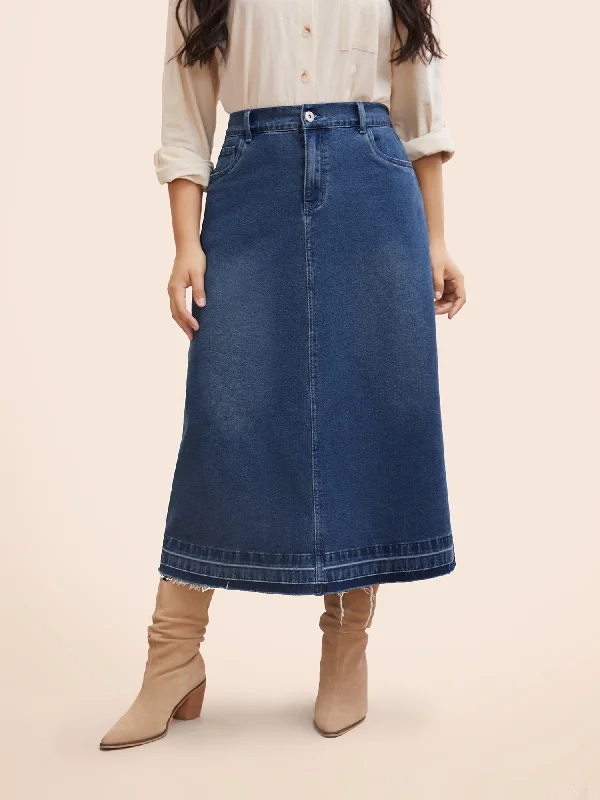 Stretch Denim Back Slit Midi Skirt