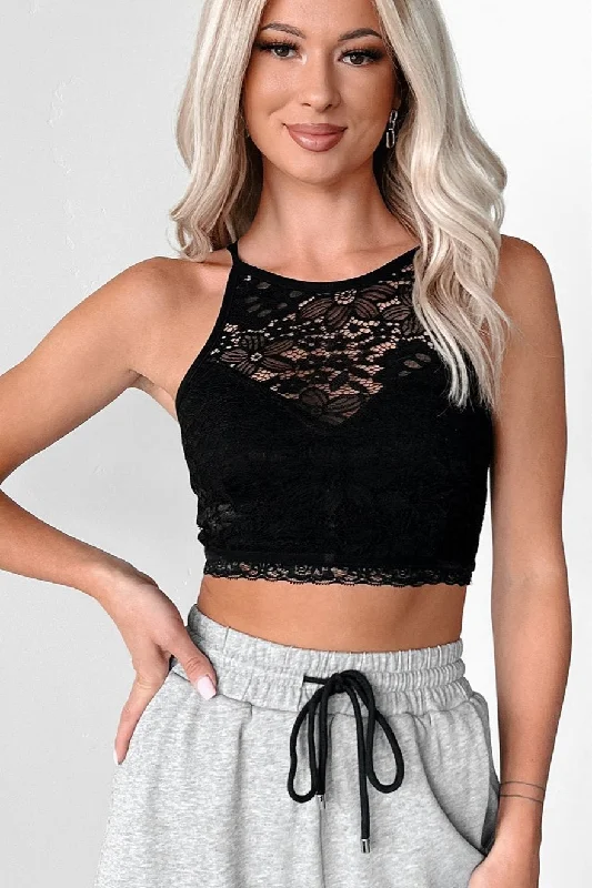 Perfectly Flirtatious Lace Halter Bralette Top (Black)