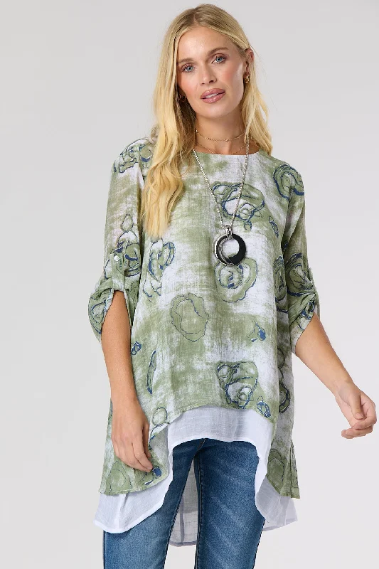 Saloos Swirl Print Double Layer Top with Necklace