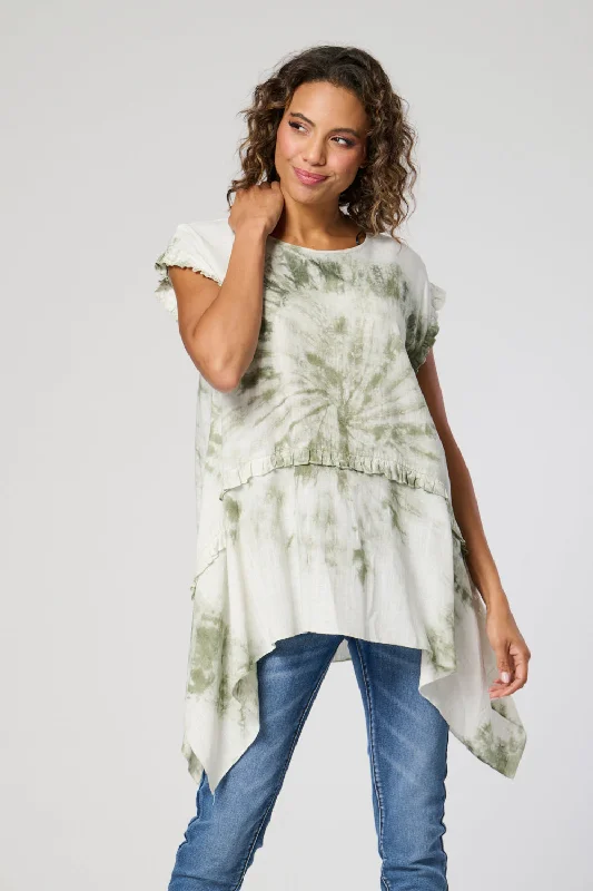 Saloos Tie Dye Frill Sleeve Tunic with Necklace