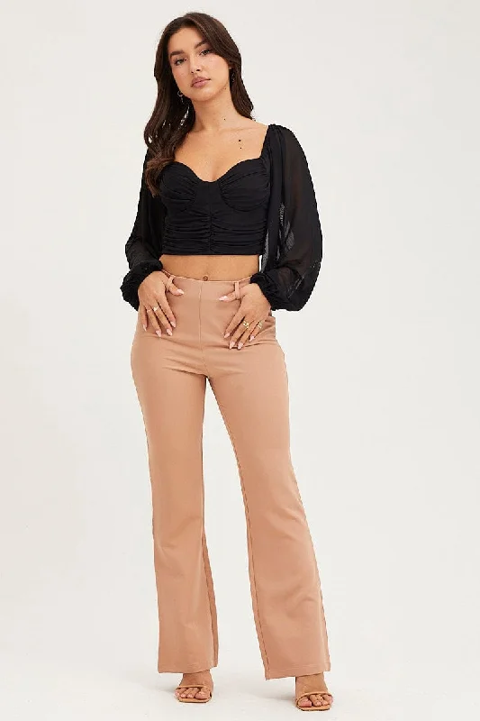 Beige Flare Pants Mid Rise