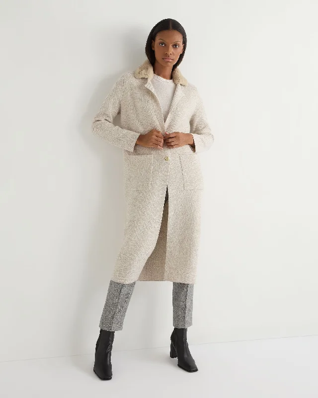 Women's Herringbone Cashmere Coat With Fur Trim Sand Brown