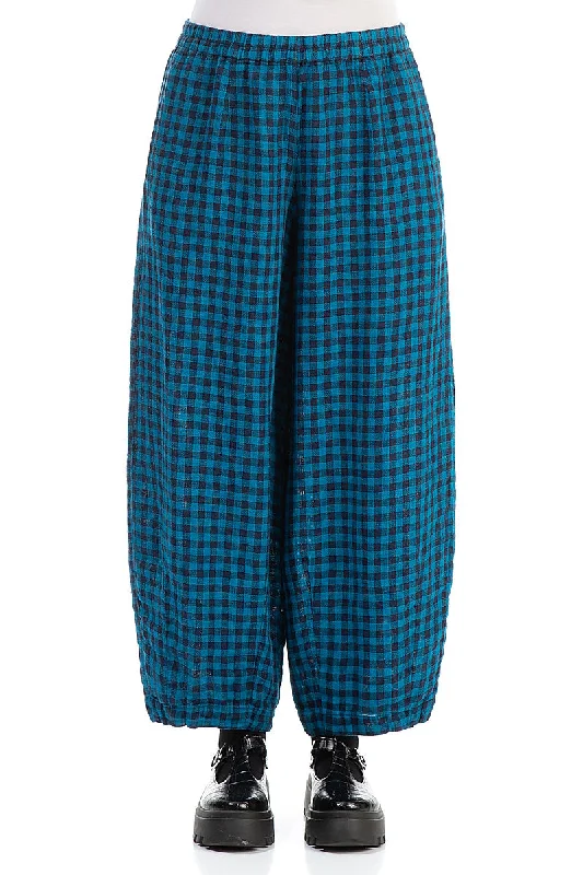 Back Pockets Blue Check Linen Trousers