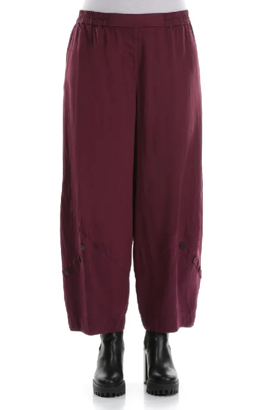 Buttons Decorated Burgundy Silk Trousers