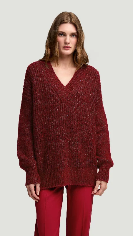 V-Neck Sweater in Marl Yarn | Burgundy